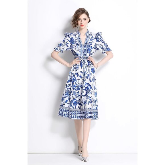Women's Floral Print V-Neck Button Up Short Puff Sleeve Midi Dress - Picture 2 of 7